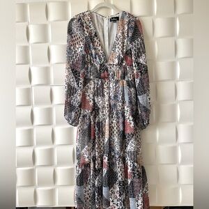 Lulu’s boho style long dress. Midi, new, blue, cream, fully lined XS